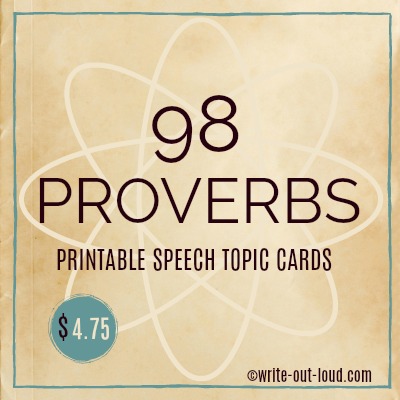 Image: label with parchment paper background. Text: 98 Proverbs Printable Speech Topic Cards.