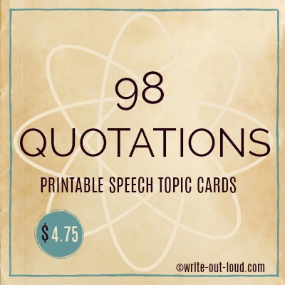 Image: label with parchment paper background. Text: 98 Quotations Printable Speech Topic Cards.