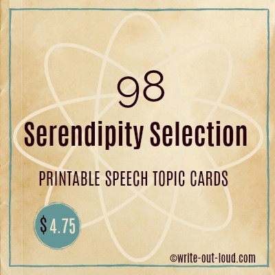 Image: label with parchment paper background. Text: 98 Serendipity Selection Printable Speech Topic Cards Image: label with parchment paper background. Text: 98 Serendipity Selection Printable Speech Topic Cards