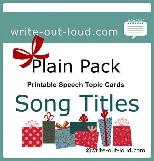 Label: white background with a row of Christmas presents in foreground. Text: Plain pack, printable speech topic cards, Song titles, write-out-loud.com Song Titles - Christmas newsletter