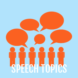 Row of 6 orange colored people icons with speech bubbles against a blue background. Text overlay: speech topics