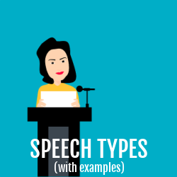 Woman holding speech notes standing in front of a microphone on a podium. Text overlay: speech types with examples