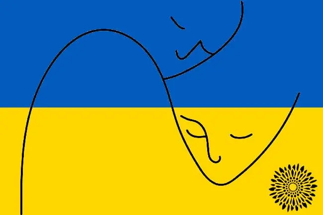 Ukrainian flag with simple line drawing of two people embracing. Ukrainian flag with simple line drawing of two people embracing.