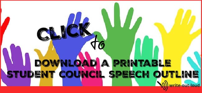 Image: a row of multicolored hands waving. Text: Click to download a printable student council speech outline.
