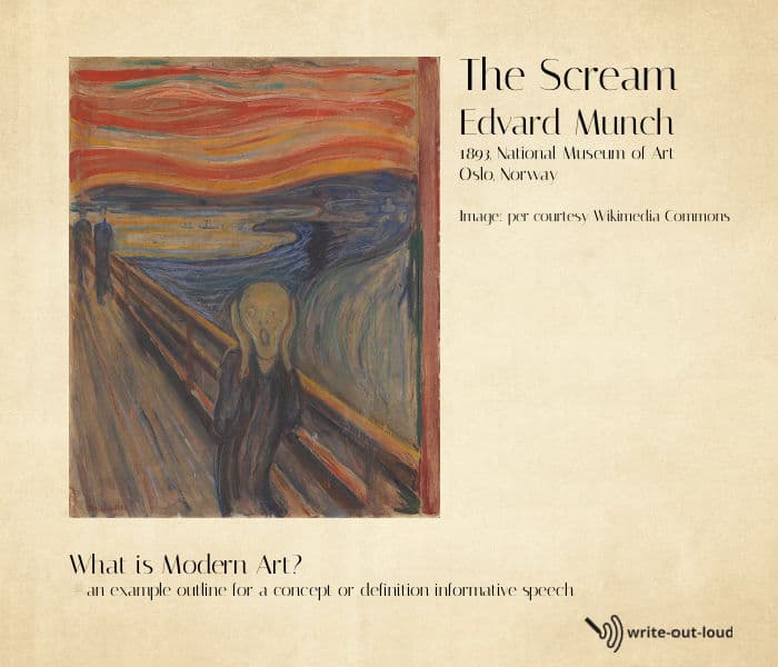 Image: The Scream - Edvard Munch Text: What is modern art? An example outline for a concept or definition informative speech