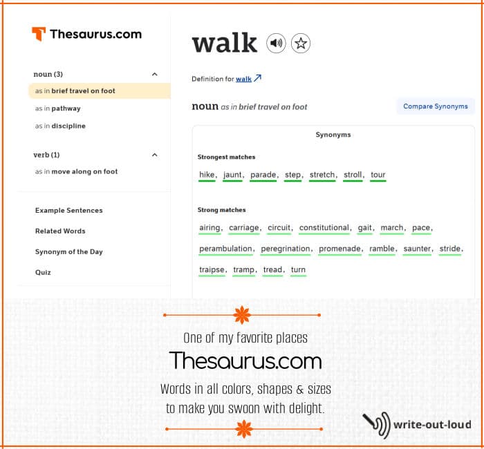 Thesaurus.com screenshot - synonyms for the word 'walk'