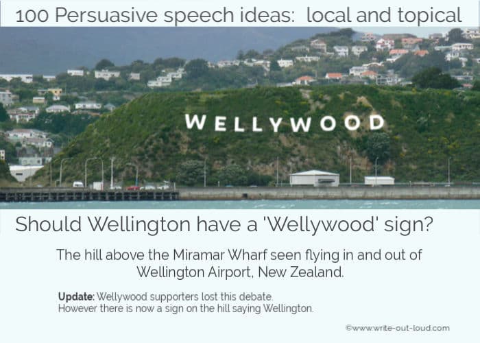 Image -The hill above Miramar Wharf, Wellington, NZ with a sign saying Wellywood.