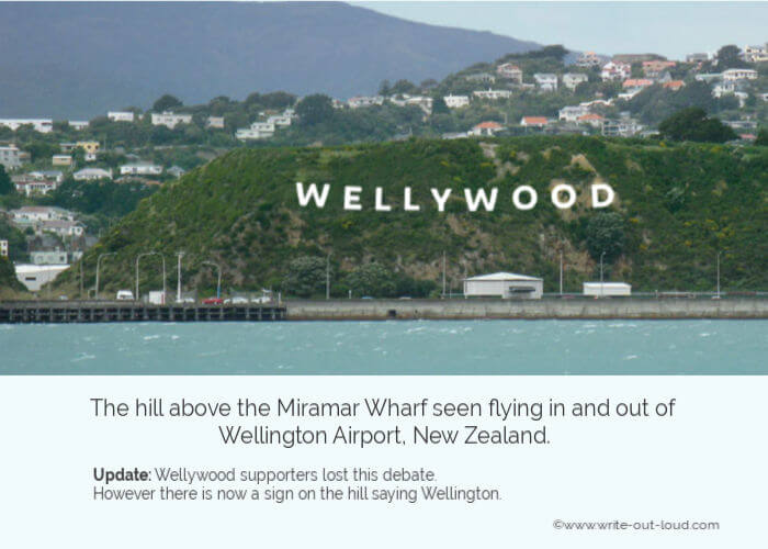 Image -The hill above Miramar Wharf, Wellington, NZ with a sign saying Wellywood. Image -The hill above Miramar Wharf, Wellington, NZ with a sign saying Wellywood.