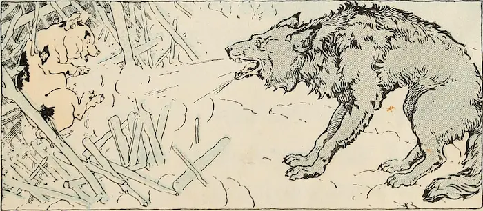 The wolf from the story Three Little Pigs huffing & puffing to blow the house down.