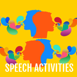 'Talking heads' with multicolored speech balloons against a yellow background. Text overlay: speech activities