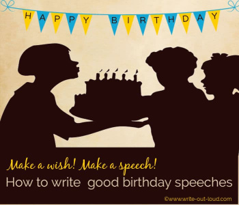 Image: silhouette of children holding a birthday cake with lit candles. Text: Make a wish. Make a speech. How to write good birthday speeches.