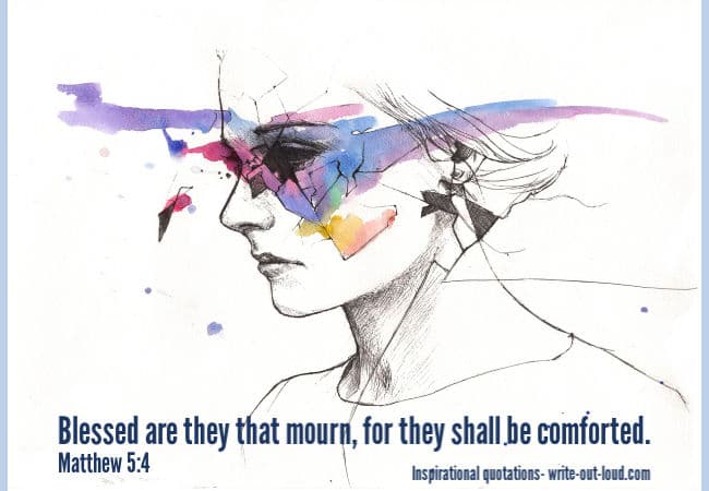 Graphic: drawing/watercolor of sad person. Text: Matthew 5:4 quote: Blessed are they that mourn. Graphic: drawing/watercolor of sad person. Text: Matthew 5:4 quote: Blessed are they that mourn.