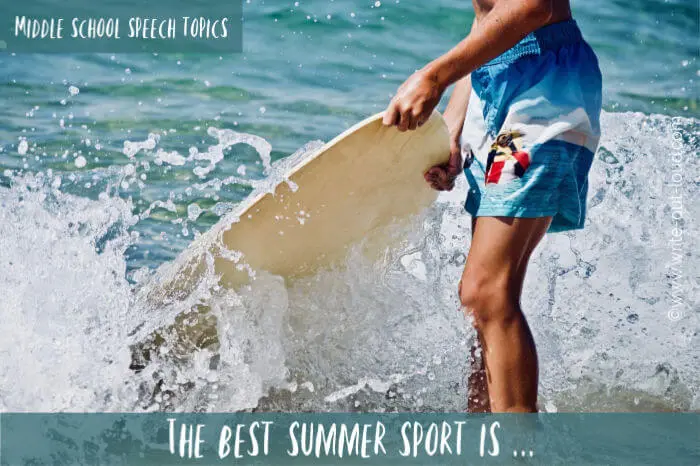 Image - boy with surfboard on beach.
Text: The best summer sport is... Speech topics for children