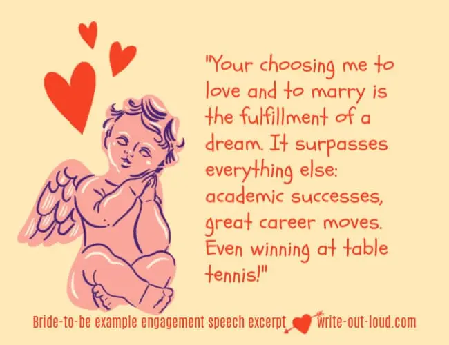 Quote from engagement speech from a bride-to-be: "Your choosing me to love and to marry is the fulfillment of a dream. I am tempted to say it surpasses everything else. Even winning at table tennis!" Image: cupid with cluster of red hearts. Text: Your choosing me to love and to marry is the fulfillment of a dream. It surpasses everything else. Even winning at table tennis!