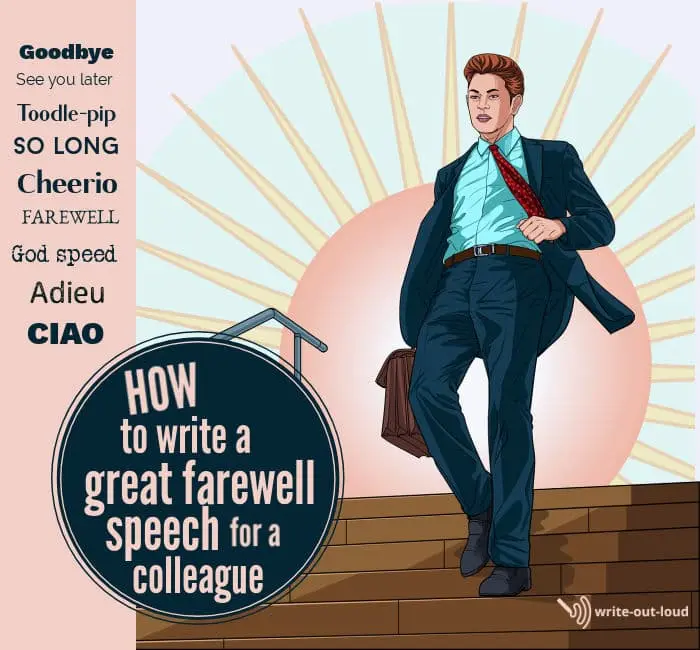 Image: young businessman in a suit, carrying a briefcase, going down steps. Text: How to write a great farewell speech for a colleague. Young businessman going down steps
