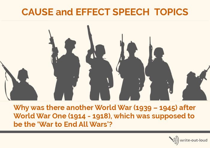 WW2 cause and effect speech topic question with outline of soldiers in background