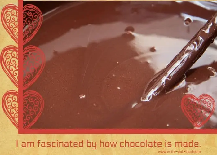 Image: a bowl of molten chocolate and stirrer. Text: I am fascinated by how chocolate is made. (Speech topics for kids.)