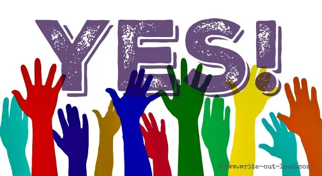 A row of many different colored hands raised in agreement: YES!