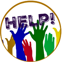 Round button - Image -multi-colored hands waving in affirmation with the word "Help" superimposed on top.