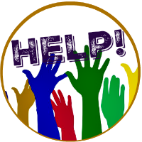 Round button - Image -multi-colored hands waving in affirmation with the word "Help" superimposed on top. Round button - Image -multi-colored hands waving in affirmation with the word "Help" superimposed on top.