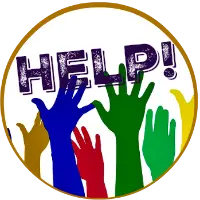 Round button - Image -multi-colored hands waving in affirmation with the word "Help" superimposed on top.