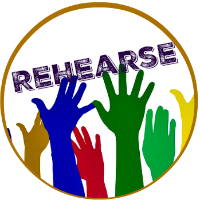 Round button -multi-colored hands waving in affirmation - the word "rehearse" across image.