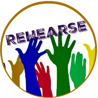 Round button -multi-colored hands waving in affirmation - the word "rehearse" across image. Round button -multi-colored hands waving in affirmation - the word "rehearse" across image.