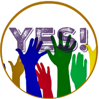 Round button - colored hands waving in affirmation - YES. Round button - colored hands waving in affirmation - YES.