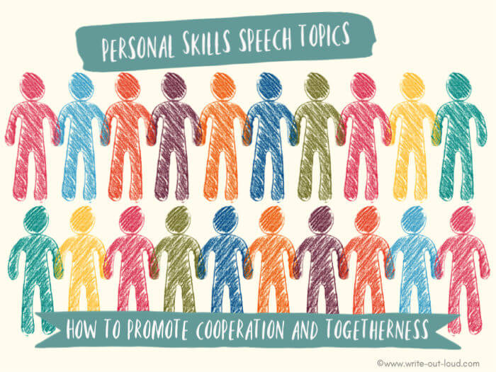 Image: drawing of 2 rows of multi-colored stylized people. Text: Personal skills speech topics - How to promote cooperation and togetherness.
