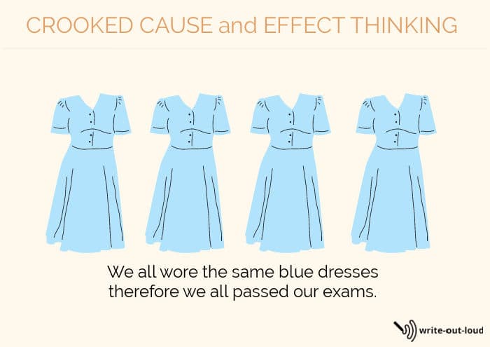 A row of blue dresses. Text: Crooked cause and effect thinking. We all wore blue dresses therefore we all passed the exam.