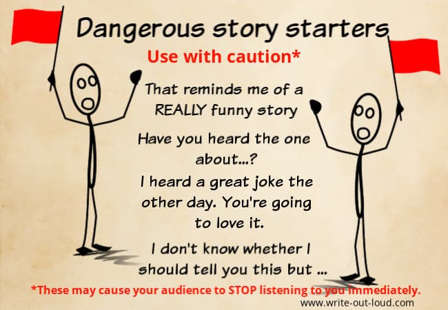 Image: Cartoon stick figure waving a red flag. Text: Dangerous Story Starters - use with caution.