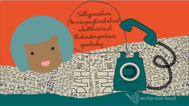 Illustration: female cartoon face against wallpaper background of 'blah, blah, blah with an old fashioned telephone. Text: sallyjoneshereiamringingtoaskwhetherornotthekindergartenisopentoday.