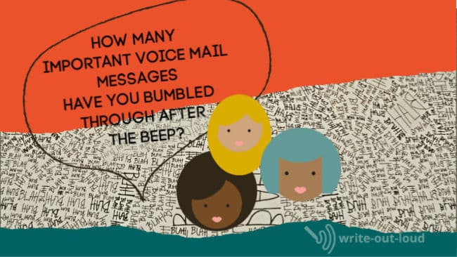 Illustration: 3 female cartoon faces against a wallpaper background of 'blah, blah, blah. Text in speech bubble: How many important voice mail messages have you bumbled through after the beep?
