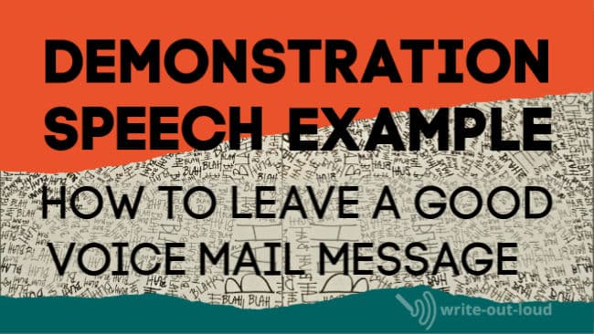 Illustration: Background wallpaper - blah, blah, blah text. Title text: Demonstration speech example. How to leave an effective voice mail message.