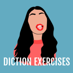 Woman with long dark hair and open mouth. Text overlay: diction exercises
