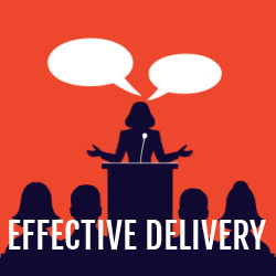 Woman standing confidently in front of a podium, in front of an audience, speaking. Text overlay: Effective delivery