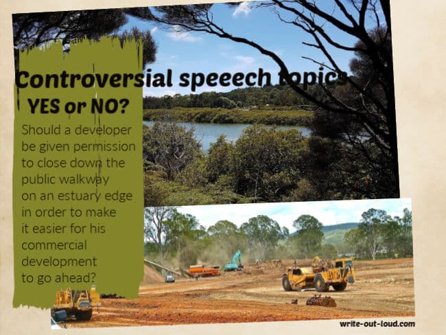 Images: 1. bush along edge of estuary 2. Heavy machinery clearing bush. Text: Should a developer be given permission to close down a public walk way on an estuary? Images: 1. bush along edge of estuary 2. Heavy machinery clearing bush. Text: Should a developer be given permission to close down a public walk way on an estuary?