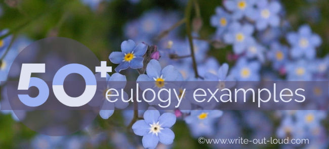 Image: Blue forget-me-nots Text: 50+ eulogy examples