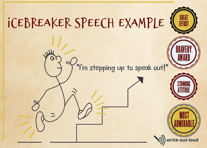 Image: Stick figure eagerly bounding upstairs. Text: Example icebreaker speech - Stepping up to speak out.