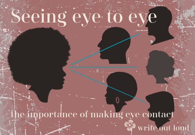 Image: silhouettes of male and female heads in profile with lines linking the speaker's head to the listeners. Text: Seeing eye to eye: the importance of making eye contact.