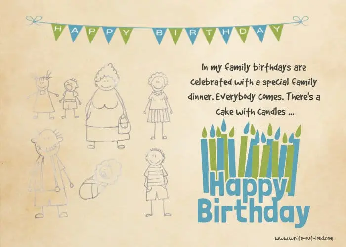 Image: line drawings of family members, plus birthday bunting. Text: In my family birthdays are celebrated with a special family dinner.(Speech topics for kids)