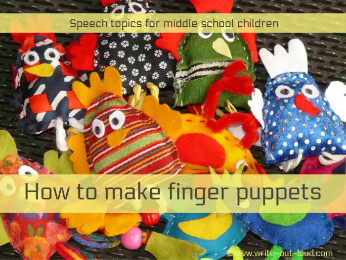 Image: a collection of colorful handmade finger puppets. Text: How to make finger puppets. (Speech topics for children)