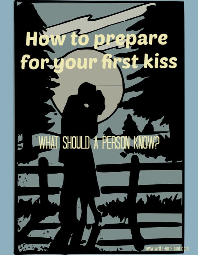 Retro image - lovers embracing in the moonlight. Text: how to prepare for a first kiss. What should a person know?