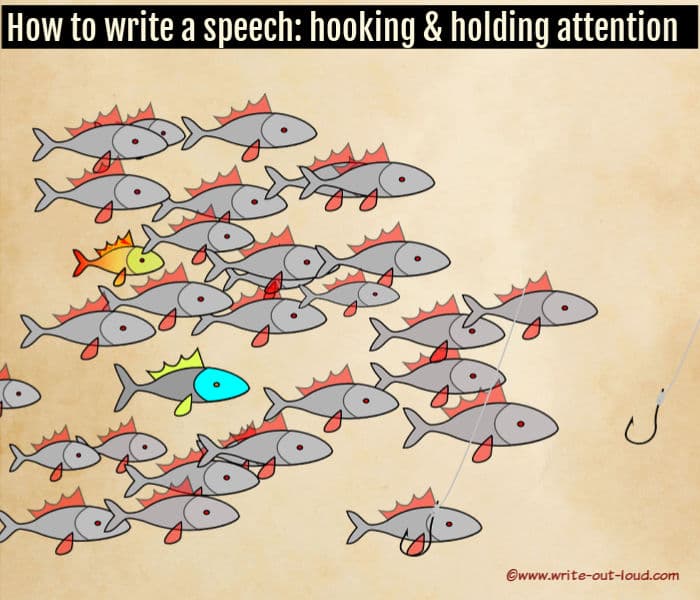 Graphic: shoal of fish and two hooked fishing lines. Text: Hooking and holding attention