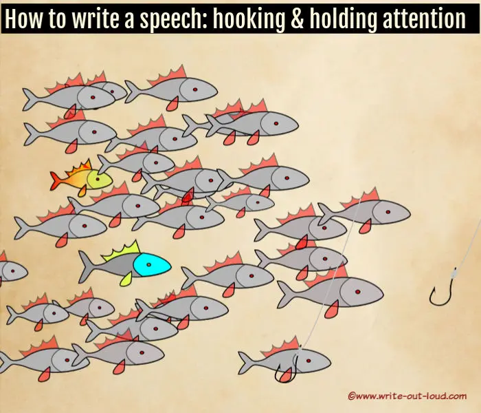 Graphic: shoal of fish and two hooked fishing lines. Text: Hooking and holding attention