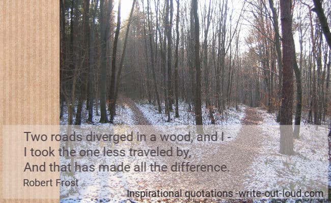 Graphic: woods in winter -one path splitting into two. Text: Robert Frost quote on taking the path less traveled. Graphic: woods in winter -one path splitting into two. Text: Robert Frost quote on taking the path less traveled.