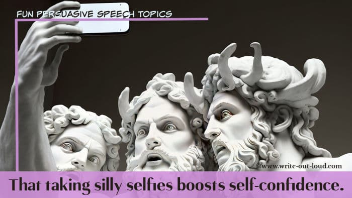 Image: trio greek sculptures taking a selfie. Text: that taking silly selfies boosts self-confidence