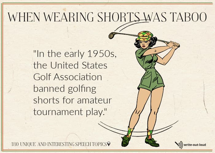 Image: 1950s pin up golfer girl wearing a pair of shorts. Text: When wearing shorts was taboo