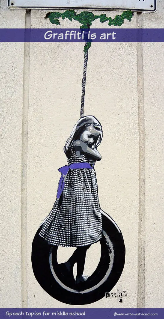 Image- street art- girl on a tire swing. Text: Graffiti is art. Speech topics for children.