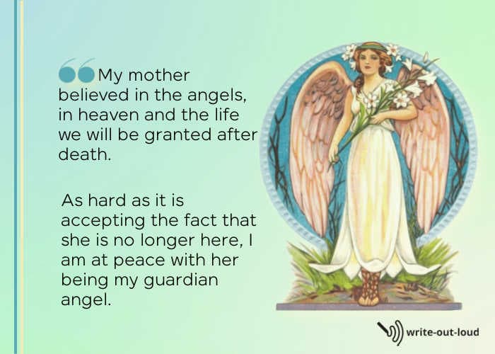 Image: guardian angel. Quote: My mother believed in the angels, in heaven and the life we will be granted after death. 